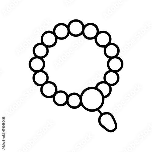 Prayer beads in circular arrangement with one bead hanging  