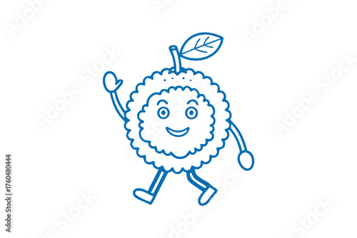 Cartoon longan character is walking happily and waving hello with a bright smile