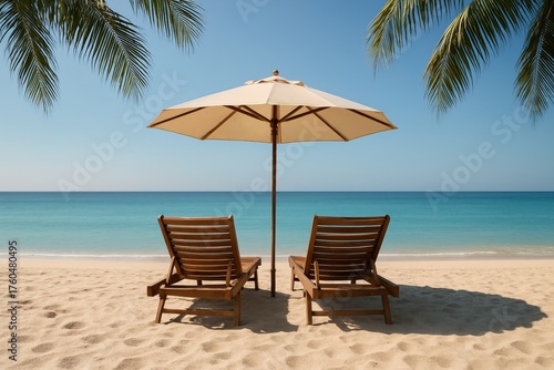 Wallpaper Mural Two wooden beach chairs under umbrella on tropical sandy shore facing calm turquoise ocean with palm leaves framing the view beneath clear blue sky. Ai generative Torontodigital.ca