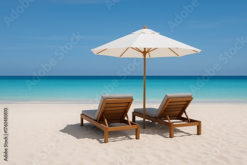 Wallpaper Mural Two wooden lounge chairs with white umbrella on tropical beach facing turquoise sea under clear blue sky, symbolizing summer vacation concept. Ai generative Torontodigital.ca