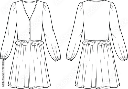 Peplum dress sketch, long puffed sleeves, gathered skirt, V-neckline, button placket, technical flat drawing, garment construction, fashion template