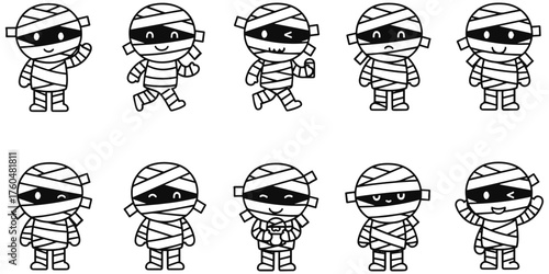 Cute mummy cartoon characters collection for Halloween designs and spooky season fun