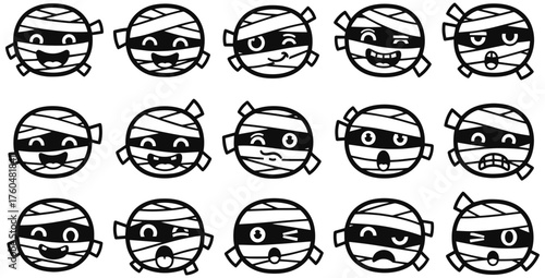 Spooky Halloween mummy emoticons with cute cartoon expressions in a fun row design