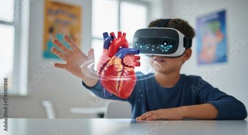 A boy wearing a VR headset, interacting with a 3D model of a heart.