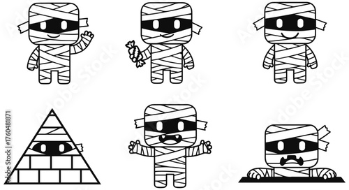 Cute cartoon mummies for Halloween fun, perfect for spooky season designs and party invites