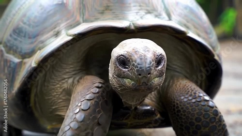 A  view of a large tortoise showcasing its textured carapace, wrinkled skin, and inquisitive eyes, providing a detailed depiction of its natural features and environment.