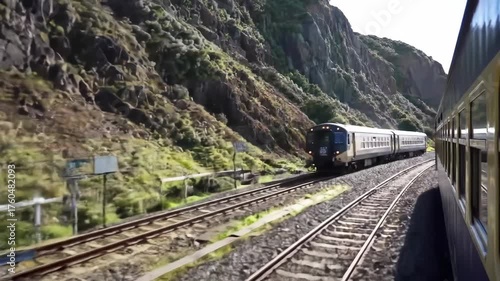 Observe a passenger train traversing a scenic route alongside rugged mountain terrain, showcasing the railway track and the exterior details of the moving vehicle.