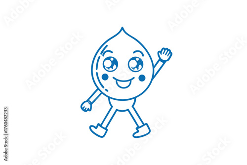 Blue droplet character waves hello, smiling with rosy cheeks and showing happiness