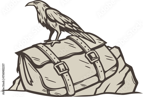 Illustration of raven bird perched on a bag luggage travel adventure baggage journey vacation trip package design vector illustration
