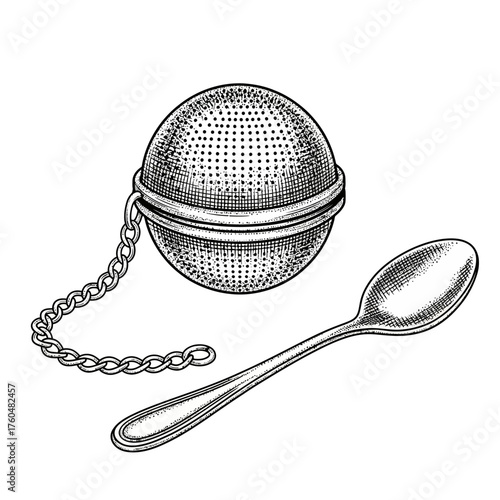 An illustration of a tea infuser with a chain and a spoon on a white background.