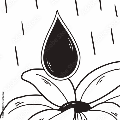 Flower with raindrop and lines depicting rainfall in monochrome style  