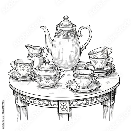 A detailed sketch of a vintage tea set arranged on a round table, featuring a teapot, sugar bowl, creamer, and cups with saucers.