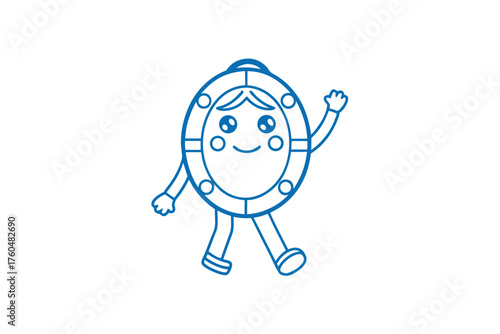 Blue line frame character walking, waving with a happy face on white