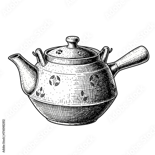 A vintage, hand-drawn sketch illustration of a traditional Japanese kyusu teapot with a side handle.