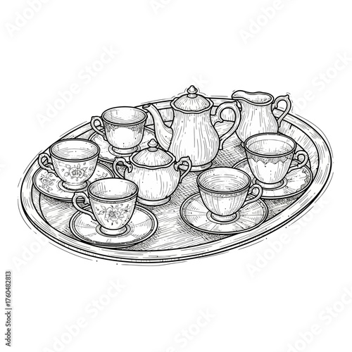 A detailed sketch of a vintage tea set on an oval tray, featuring cups, saucers, a teapot, a sugar bowl, and a creamer.