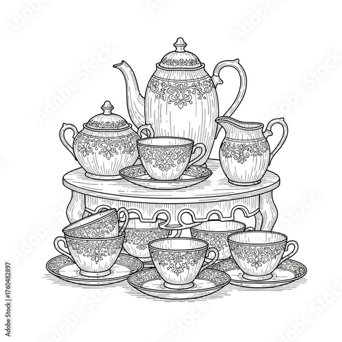 Elegant illustration of a tea set, including teapot, cups, saucers, sugar bowl, and creamer.