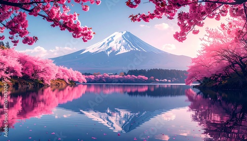 Mount Fuji and Cherry Blossoms Reflected in Serene Lake in Japan during Springtime