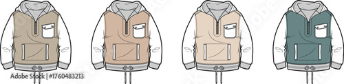 Set of men's outerwear apparel flat sketches featuring a hooded anorak pullover with multiple color mockups for a fashion collection