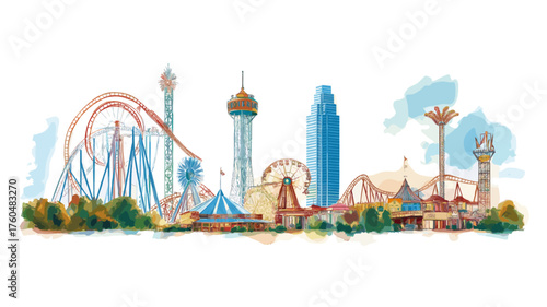 Six Flags Over Texas. Six Flags Over Texas hand drawn watercolor illustration