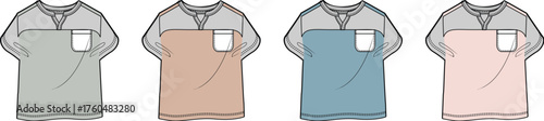 T-shirt design variations A set of four different colored t-shirts with a pocket on the chest