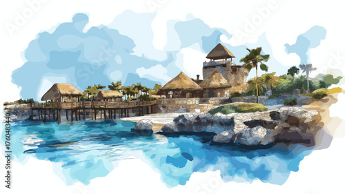 Xcaret Eco Park. Xcaret Eco Park hand drawn watercolor illustration