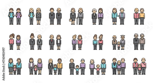 Diverse group of people representing different family structures and professions