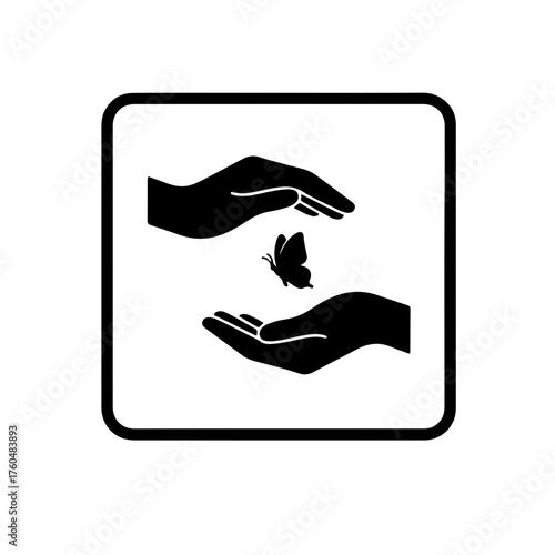 Black n white icon depicting cupped hands cradling a delicate butterfly. This powerful symbol represents care, hope, and protection for those with Lupus, referencing the characteristic butterfly rash
