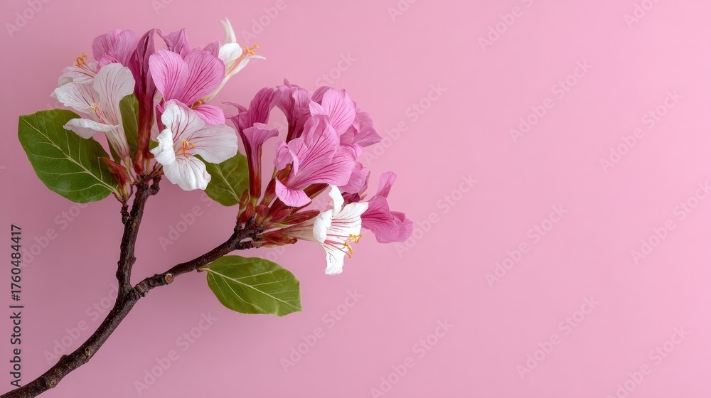 Obraz premium Pink and white flower with green leaves is on a pink background. The flower is the main focus of the image, and the pink background creates a soft and calming atmosphere