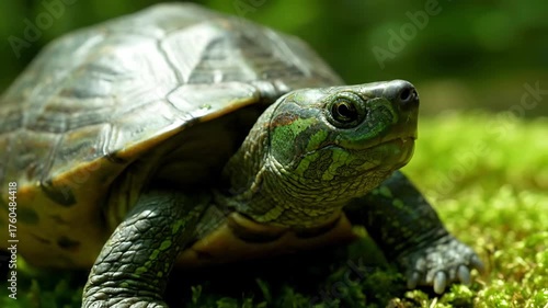 Detailed  showcases the textured shell of a reptile with its distinct patterns and earthy tones against a blurred, natural background.