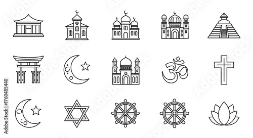 Diverse representations of world religions and spiritual symbols in simple line art style