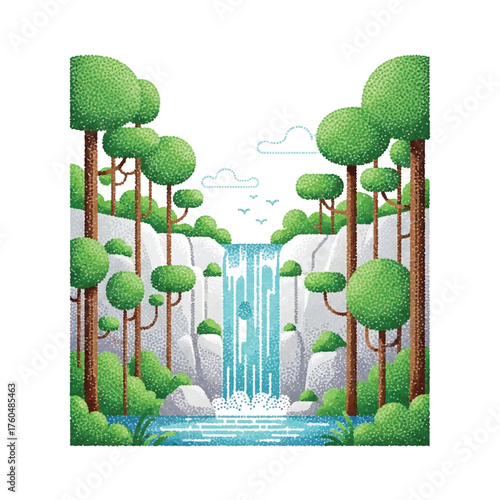 Illustration of a waterfall cascading into a pool, surrounded by stylized trees and rocks in a serene, natural landscape.