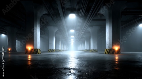 underground, 駐車場, concrete, industrial, 地下空間, 廃墟風, vanishing point, 構造美, corridor, 無人, lights, symmetry, 反射床