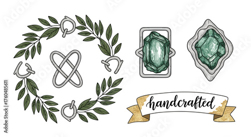 Elegant sustainable jewelry vector elements with leaf wreath, raw gemstone, and handcrafted banner for ethical brand