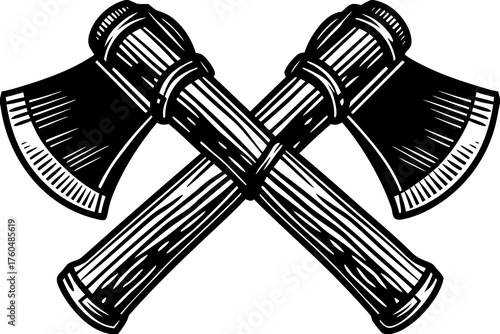 Crossed Axes: Two precisely rendered axes are artfully crossed, their blades glinting in stark contrast against the surrounding darkness. Each detail, from the wooden handles to the sharp blades.