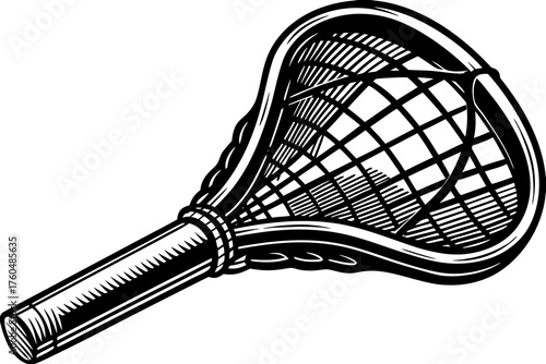 Lacrosse Stick's Fine Detail: Intricate patterns of a lacrosse stick and its distinctive netted head. The image is a detailed monochrome depiction, ready for use in illustrations.