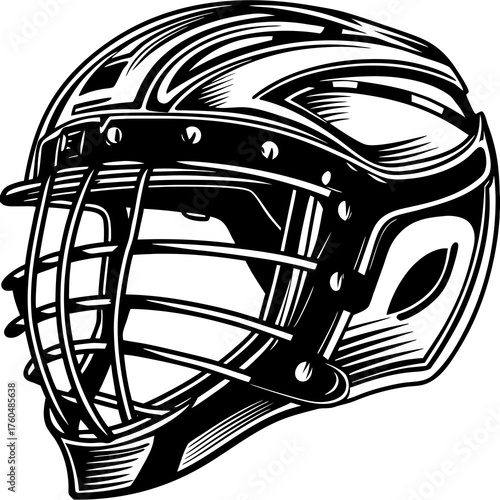 Lacrosse Helmet: The strong, protective gear is designed for intense competition on the field, showcasing a durable exterior to safeguard the player against potential impacts.