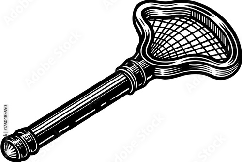 Lacrosse Stick: A detailed black and white illustration of a classic lacrosse stick, ready for action. The image accentuates the craftsmanship and traditional design of the equipment.