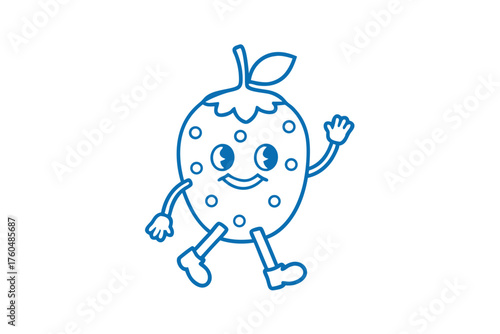 Animated blue strawberry character cheerfully walks while waving its hand in a friendly manner