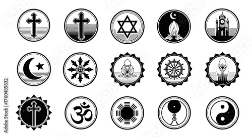 Collection of diverse religious symbols in black and white vintage vector format