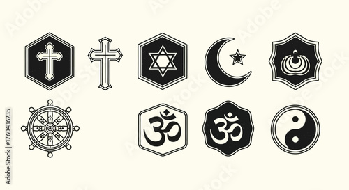 Diverse collection of religious and spiritual symbols representing various faiths and philosophies