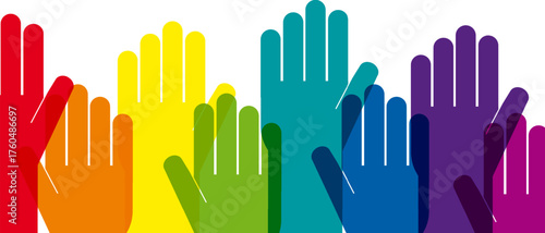 colorful raised hands vector background symbolizing unity and diversity for banner and card design