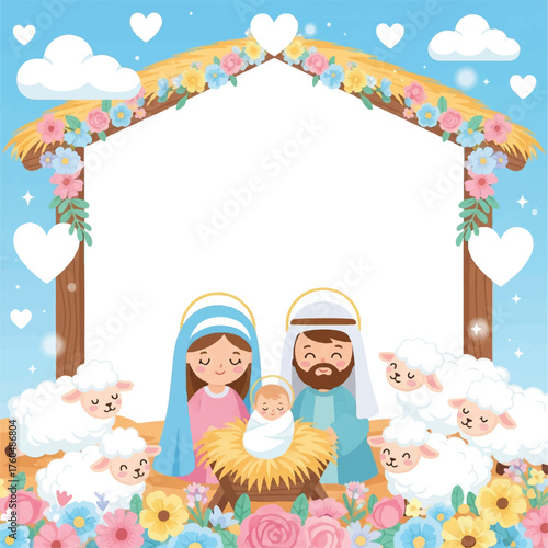 Nativity scene illustration featuring Mary, Joseph, baby Jesus in a manger, surrounded by sheep, flowers, and a stable decorated with hearts and clouds.