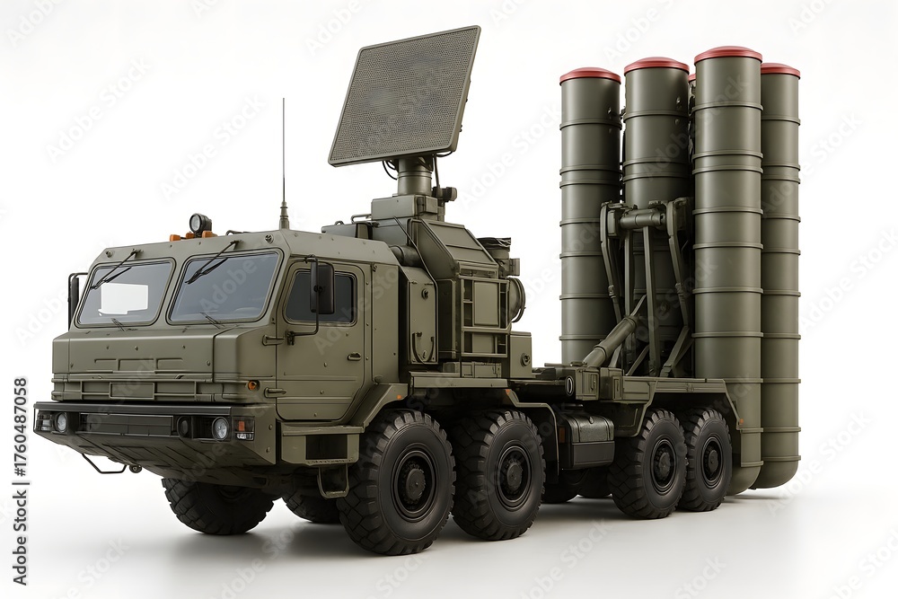 Obraz premium 3D Surface-to-Air Missile Launcher Truck — High-Detail Military Defense Render on White Background