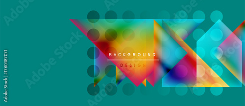 Abstract geometric shapes, vibrant colors, modern design. Turquoise background features overlapping squares, circles, gradients. Stylish banner or header.