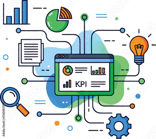 Wallpaper Mural KPI Data Illustration: A vivid illustration depicts a central KPI dashboard interconnected with various data analysis elements, symbolizing business intelligence and strategic decision-making. Torontodigital.ca
