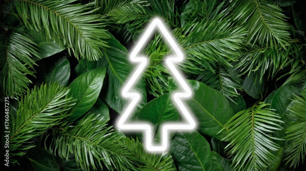 Obraz premium Neon tree is surrounded by green leaves. The tree is lit up and he is glowing. The image has a festive and lively mood, as if it were a Christmas decoration