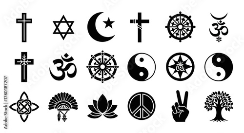 Diverse religious and spiritual symbols representing various faiths and beliefs worldwide