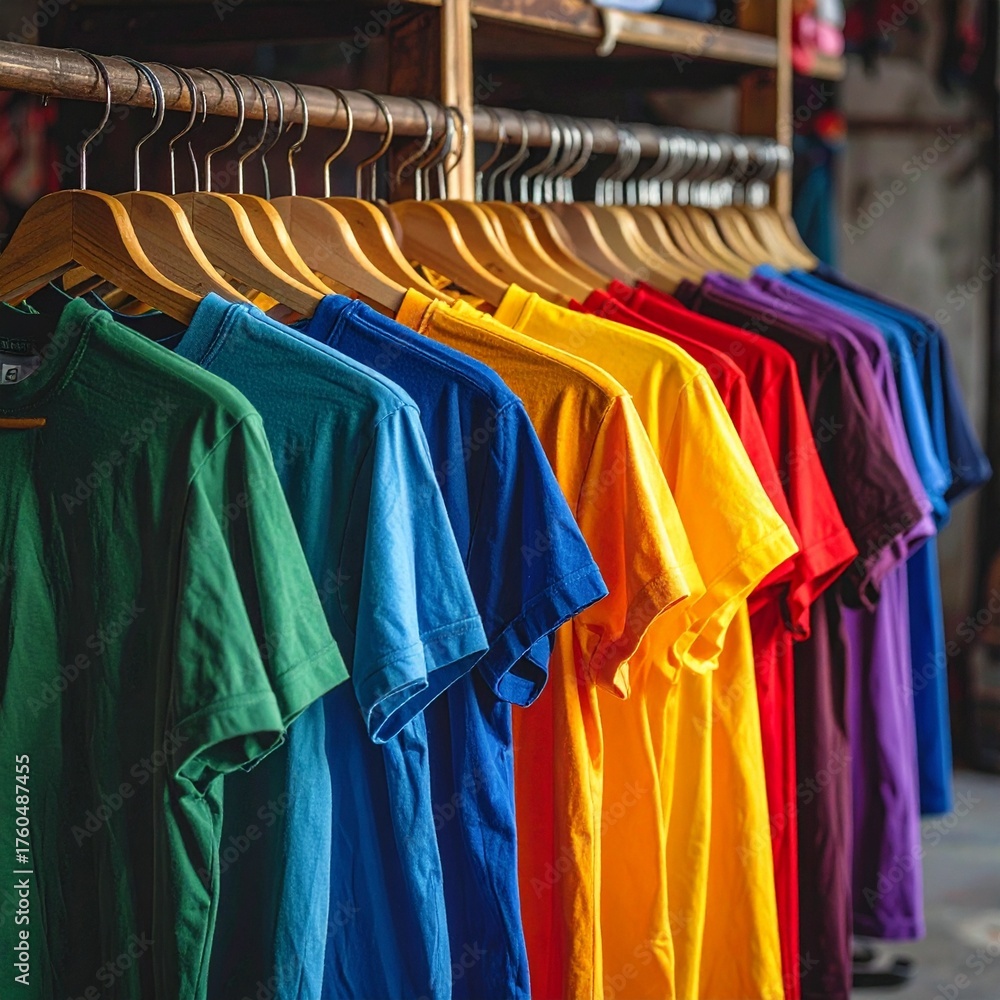 Fototapeta premium Rainbow Gradient of Blank T-Shirts on Wooden Hangers in a Retail Display