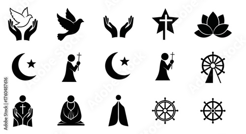 Vector religious symbols set, illustrating diverse faiths and spiritual beliefs for graphic design