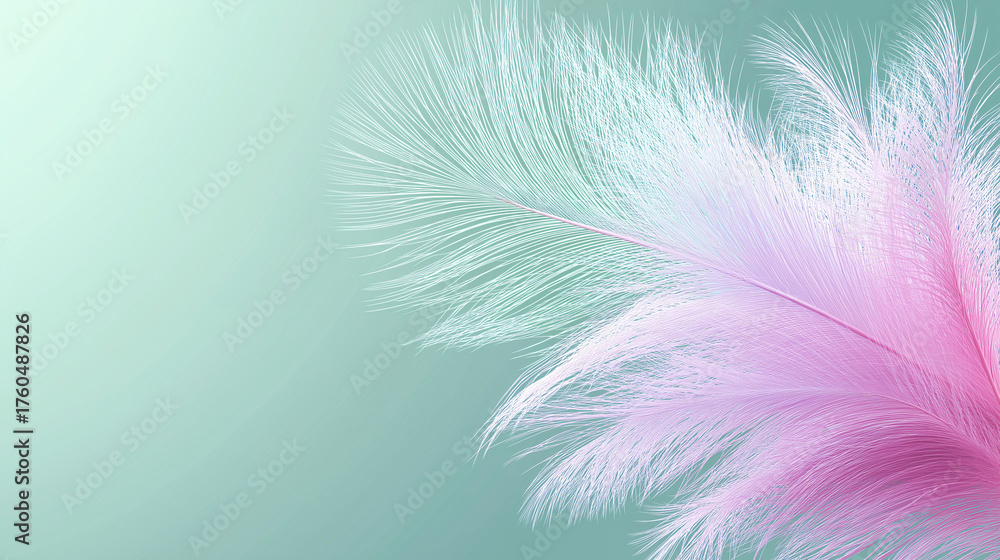 Fototapeta premium Soft pink and white feathers on a green-teal gradient background, showcasing delicate texture and airy elegance. Ideal for design, decoration, and commercial creative use.